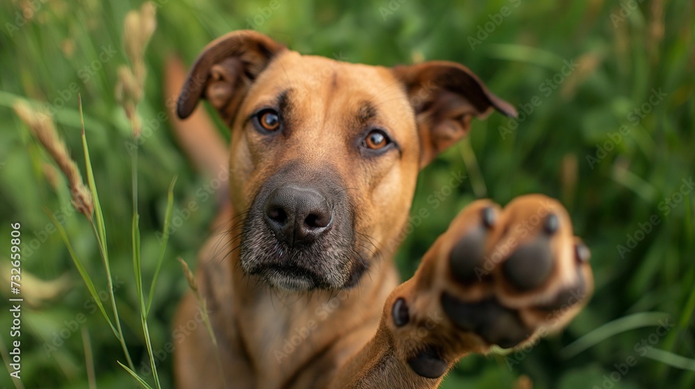Portrait of a dog sitting in the grass and giving its paw, cute animal photograph of a pet looking at its owner with a beautiful look of friendship and trust, training one's dog on a nice summer day