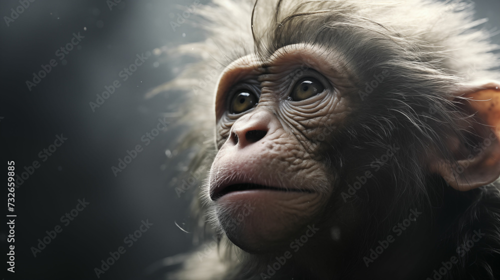 Detailed features of a monkey against a blurry background. Generative AI.