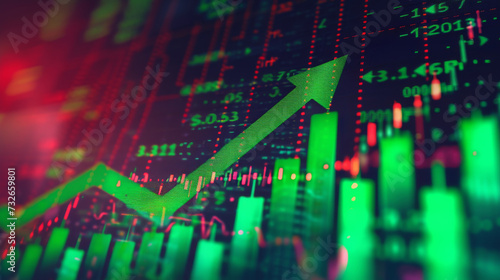 Wallpaper Mural digital graphical representation of a stock market with fluctuating graphs, numerical data, and upward and downward trends, indicating financial analysis or stock trading activity. Torontodigital.ca