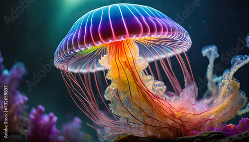 rainbow jellyfish illuminate dark sea; mesmerizing colors against transparent background