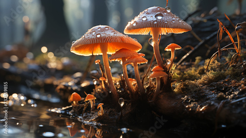 Cluster of mushrooms growing together in a forested area, surrounded by trees and foliage. Generative AI