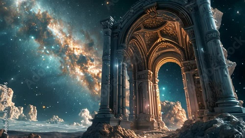 Gothic Fusion: Chrome Doorway to the Milky Way. Generative ai photo
