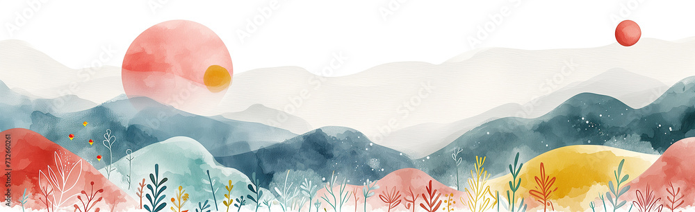 Whimsical rainbow landscape with multi-layered watercolor mountains and celestial bodies panorama in pastel colors. Background, banner, print, sublimation