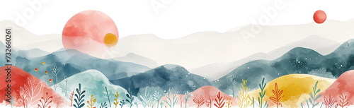 Whimsical rainbow landscape with multi-layered watercolor mountains and celestial bodies panorama in pastel colors. Background, banner, print, sublimation