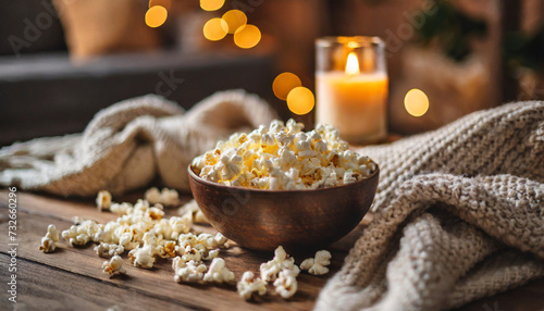 Cozy evening at home: popcorn bowl, knit sweater, warm light