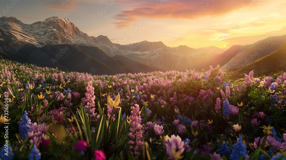 Fields of multicolored flowers with a mountain view in the background