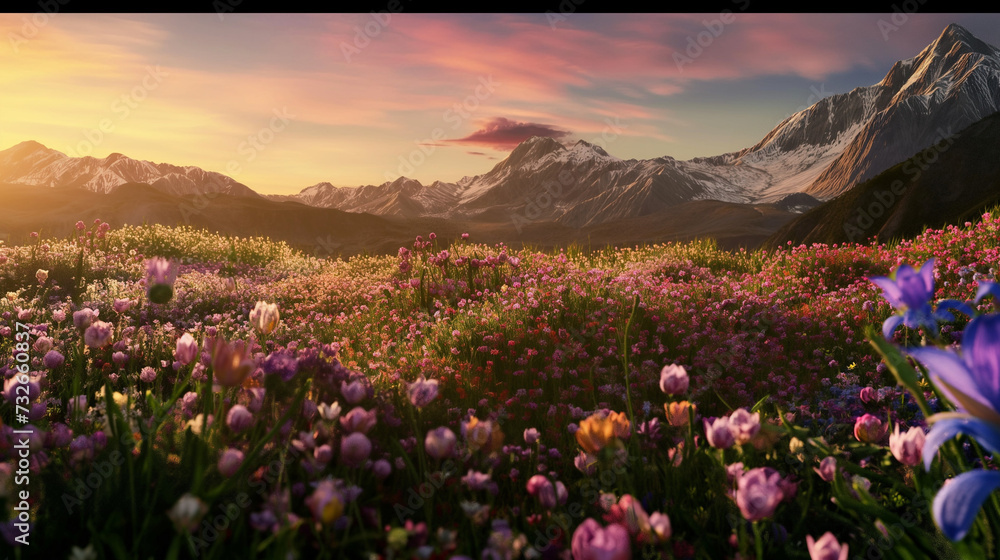 Fototapeta premium Fields of multicolored flowers with a mountain view in the background