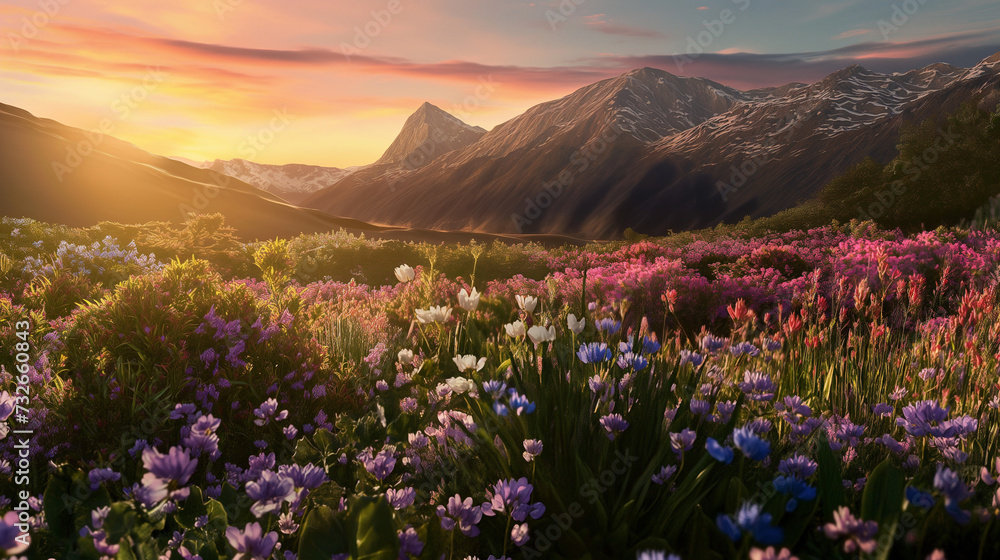 Fields of multicolored flowers with a mountain view in the background Fields of multicolored flowers with a mountain view in the background
