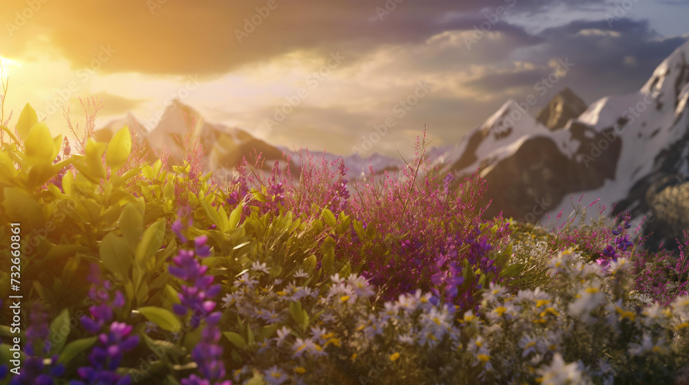 Obraz premium Fields of multicolored flowers with a mountain view in the background
