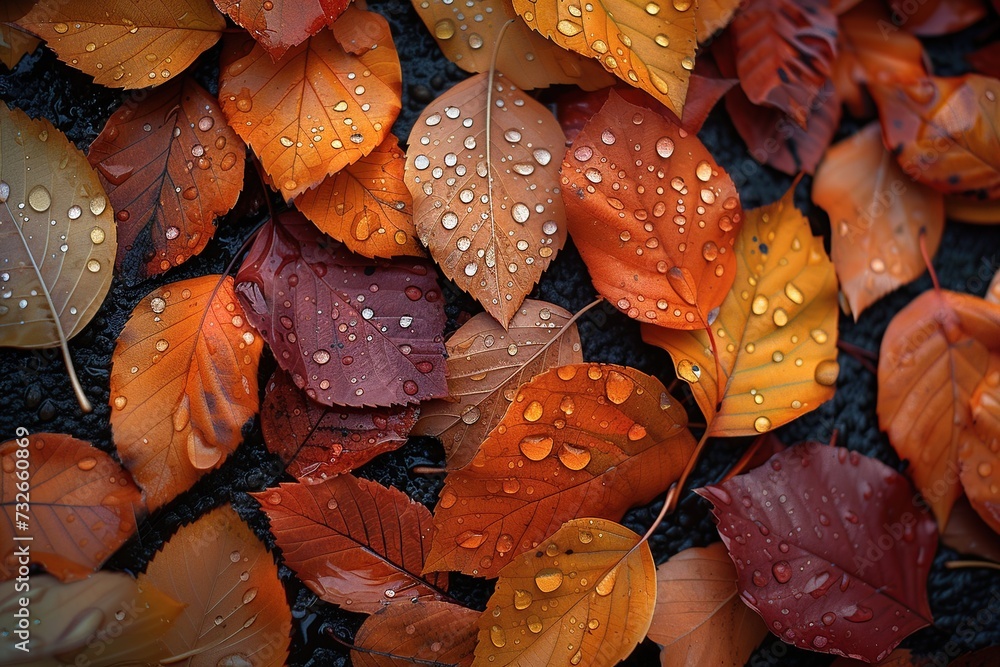 Close-up of fallen leaves on the autumn ground covered with raindrops.