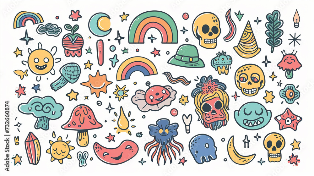 A collection of whimsical, retro-inspired illustrations featuring a variety of funky, groovy characters and objects perfect for adding a touch of nostalgia and playfulness to your designs. A collection of whimsical, retro-inspired illustrations featuring a variety of funky, groovy characters and objects perfect for adding a touch of nostalgia and playfulness to your designs.
