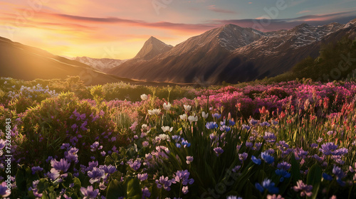 Fields of multicolored flowers with a mountain view in the background © MaMaLa