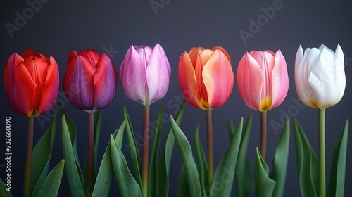 Photo wallpaper of different tulips laid out in a row. Spring flowers tulips background banner print. Multi-colored tulips in a row postcard template. Floral background.