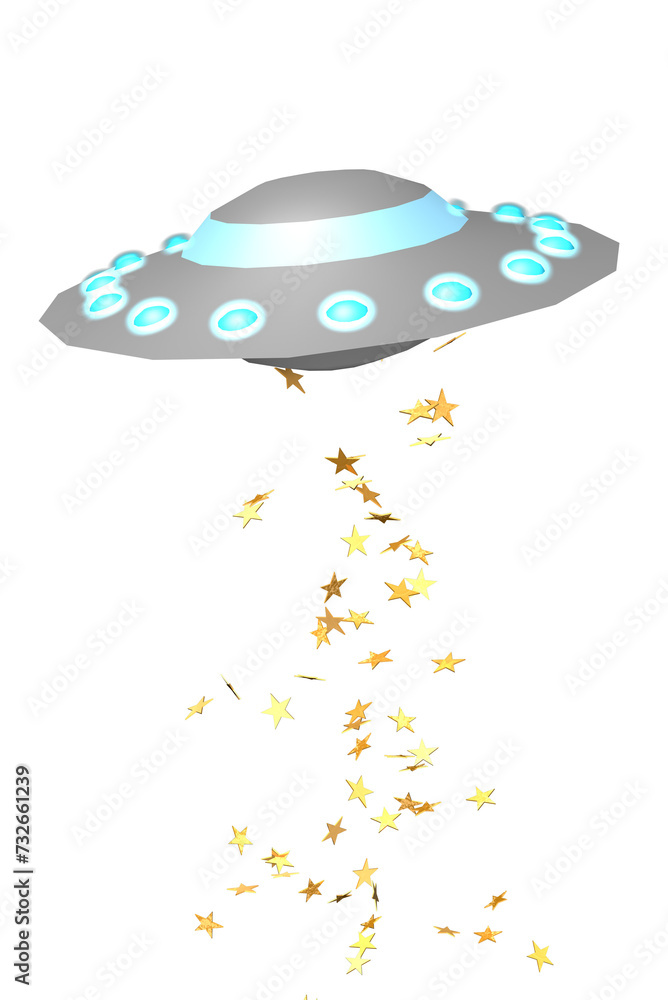 3D rendering of a UFO with golden stars flying out. UFO on a ...