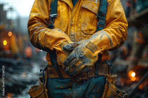 Professional construction workers wear industrial gloves before starting work at the construction site.