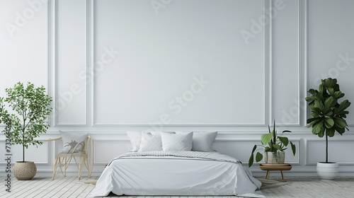 An Inviting White Luxury Bedroom Interior with Mockup Wall and 3D Render