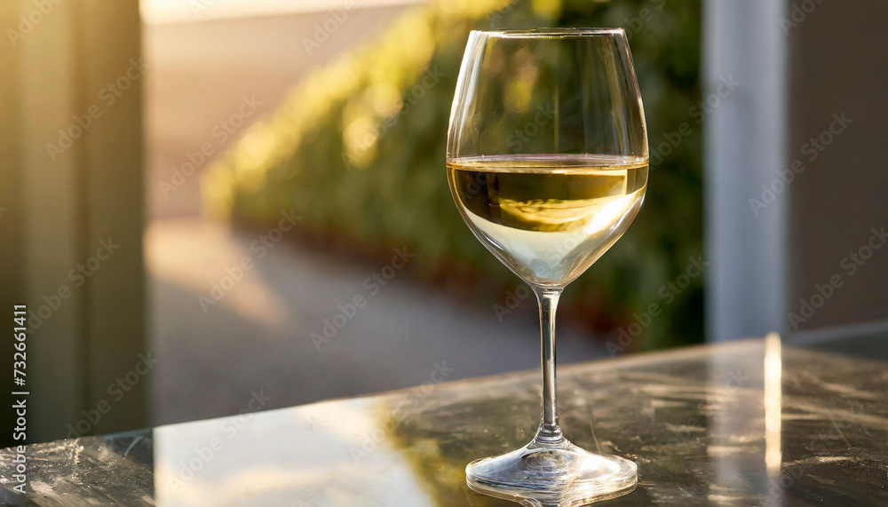 Elegant glass of white wine on glossy surface, soft background, reflecting sunlight