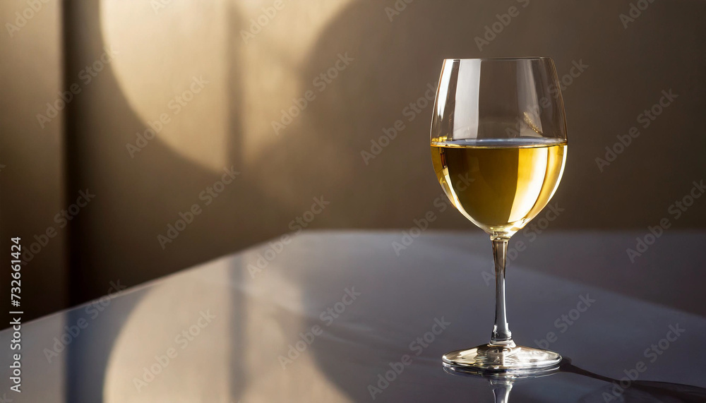 Elegant glass of white wine on glossy surface, soft background, reflecting sunlight Elegant glass of white wine on glossy surface, soft background, reflecting sunlight