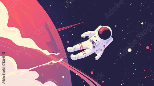 An astronaut in a white spacesuit exploring the vastness of outer space with a cartoon-style design, representing the spirit of discovery and adventure.