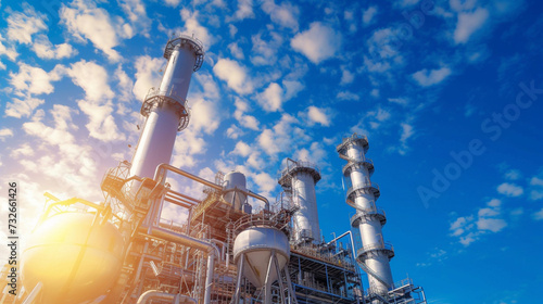 A modern gas power plant overlaid on a clear blue sky, promoting clean energy and air quality while preserving the ozone layer in an eco-friendly industry concept.