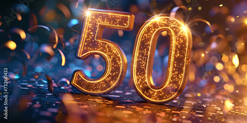 Golden number fifty on colorful background with confetti. Invitation for a 50. birthday party. Card Background.  photo