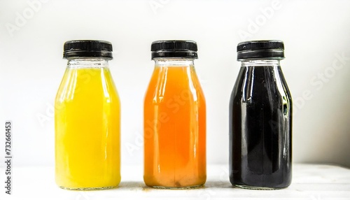 a black and white masterpiece captures the minimalist allure of three unlabeled juice bottles with black caps against a pristine white background, emphasizing texture, contrast, and cool tones