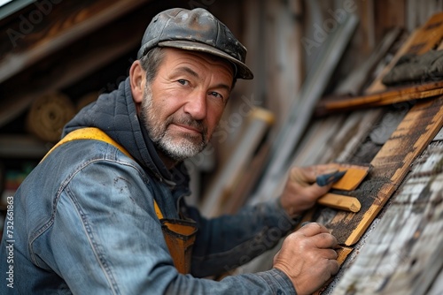 A Caucasian professional roofer in his 40s is attaching wooden components to the roof of a house. © Morng