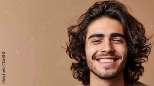 Mexican Handsome Guy with Wavy Hair and Cheerful Smile in Portrait Style