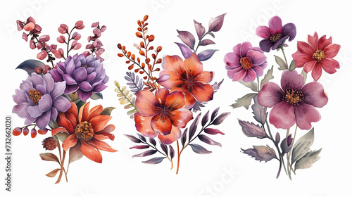 Artistic watercolor illustration of vibrant and diverse floral bouquets, showcasing an array of hand-drawn flowers as stock clip art. © Wassim