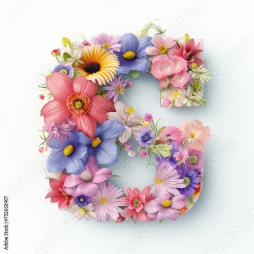 Flower alphabet. Letter G isolated on a white backdrop. Spring colorful concept. Soft pastel color blooming flowers with clean background. © Amel