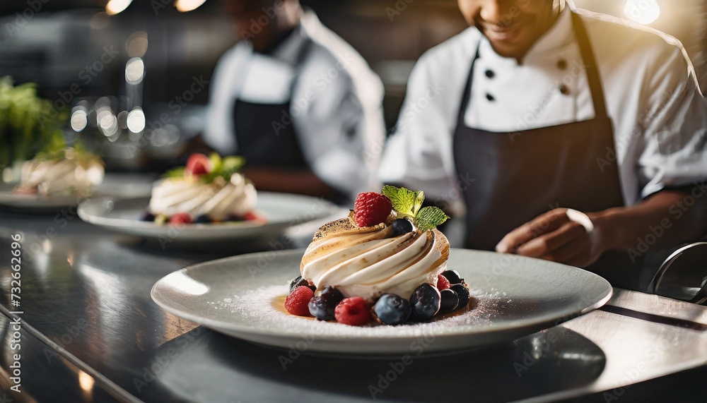Blurry image of chefs crafting gourmet desserts on sleek plates, epitomizing modern culinary artistry Blurry image of chefs crafting gourmet desserts on sleek plates, epitomizing modern culinary artistry