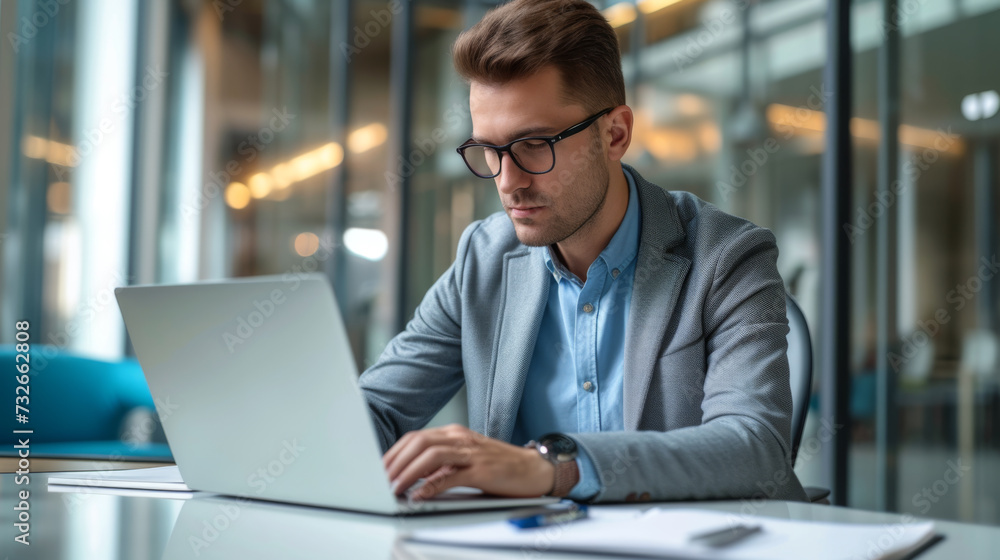 A professional is focused on working on a laptop at an office desk, with documents spread out and a casual yet smart style. A professional is focused on working on a laptop at an office desk, with documents spread out and a casual yet smart style.