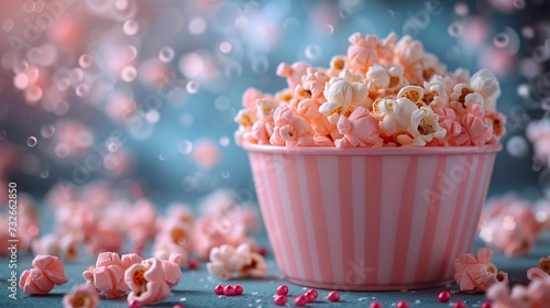 A pink bucket with lots of popcorn to watch entertainment. Pink bucket with popcorn in a pink children's movie theme. photo