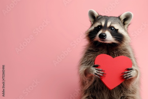 Raccoon Holding a Red Heart Cutout Against a Pink Background © utaem2022