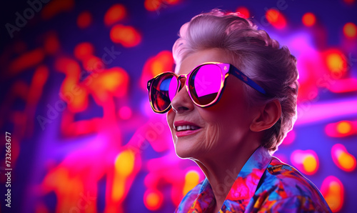 Old cool woman with sunglasses on a colorful disco background, generated by ai