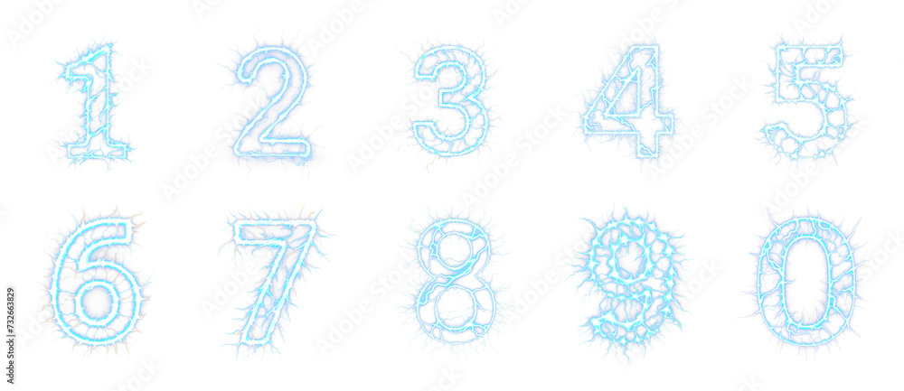 Electricity numbers from 0 to 9 - Glowing magic neon lightning burst number fonts. Isolated transparent PNG background.