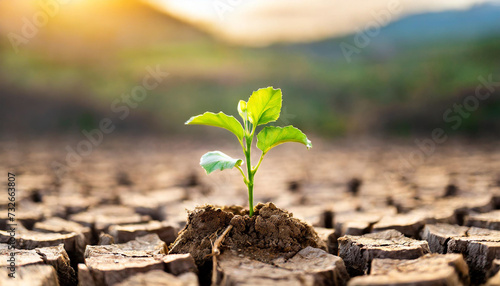 green plant emerges from parched earth, symbolizing nature's resilience and the fight against climate change