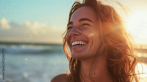 a beautiful woman laughs loudly on the seashore photo