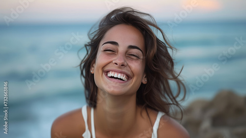 a beautiful woman laughs loudly on the seashore