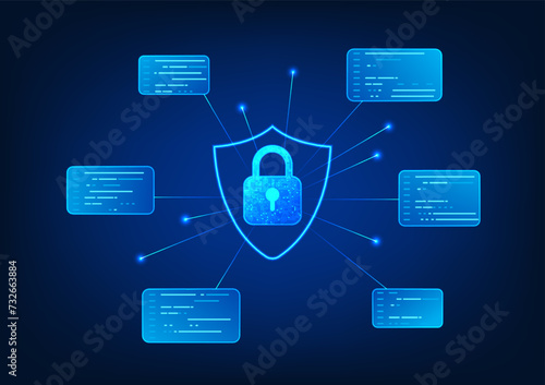 Cyber security technology and data privacy Shield with lock linked to software code Represents software that is written to prevent cyber theft and attacks and protect against viruses from the Internet