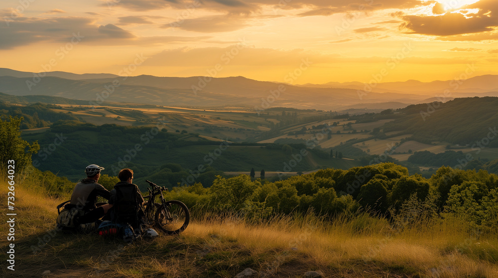Fototapeta premium Cyclists at Rest on Hilltop Overlooking Panoramic View of Rolling Hills at Sunset, Peaceful Landscape, Travel and Adventure, Biking Break with Scenic Vista, Serenity of Nature, Outdoor Recreation