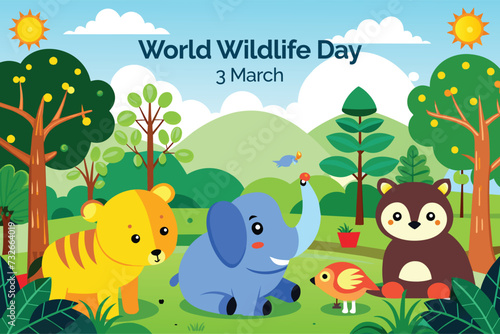 world wildlife day with scenery animal in jungle background. cartoon animal in forest vector illustration