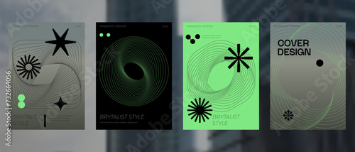 Retro futuristic vector minimalistic Posters with line figures. Extraordinary graphic elements of geometrical shapes composition.	
