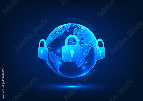 Cyber security technology and data privacy A world surrounded by locks Shows a system to prevent theft and cyber attacks and protect against viruses from the internet network.