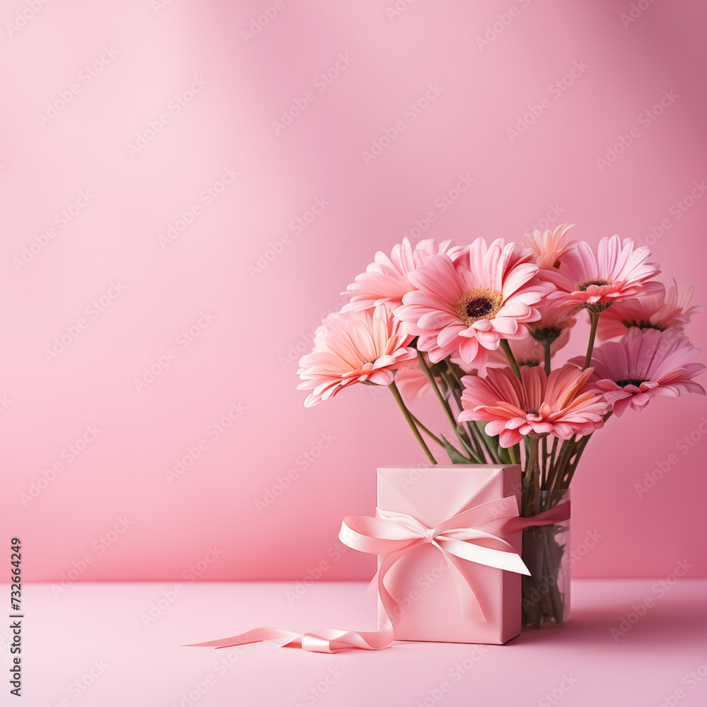 Flowers and gift in pink background for Mother's Day