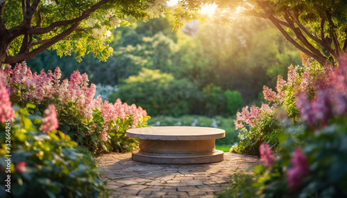 Product pedestal in lush garden with blossoms, ideal for showcasing items with natural elegance