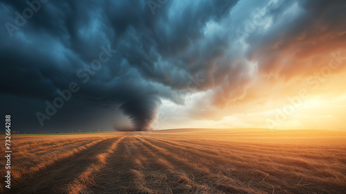 Majestic View of a Tornado Touching Down on Open Fields, Dramatic Weather Phenomenon, Powerful Cyclone in Rural Landscape, Natural Disaster Scene, Contrast Between Stormy Skies and Sunset Light © AIRina