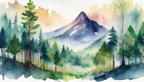 Colorful mountain landscape watercolor. Mountain peak and fir trees. Nature beauty illustration
