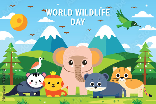 Fototapeta Naklejka Na Ścianę i Meble -  world wildlife day with scenery animal in jungle background. cartoon animal in forest vector illustration