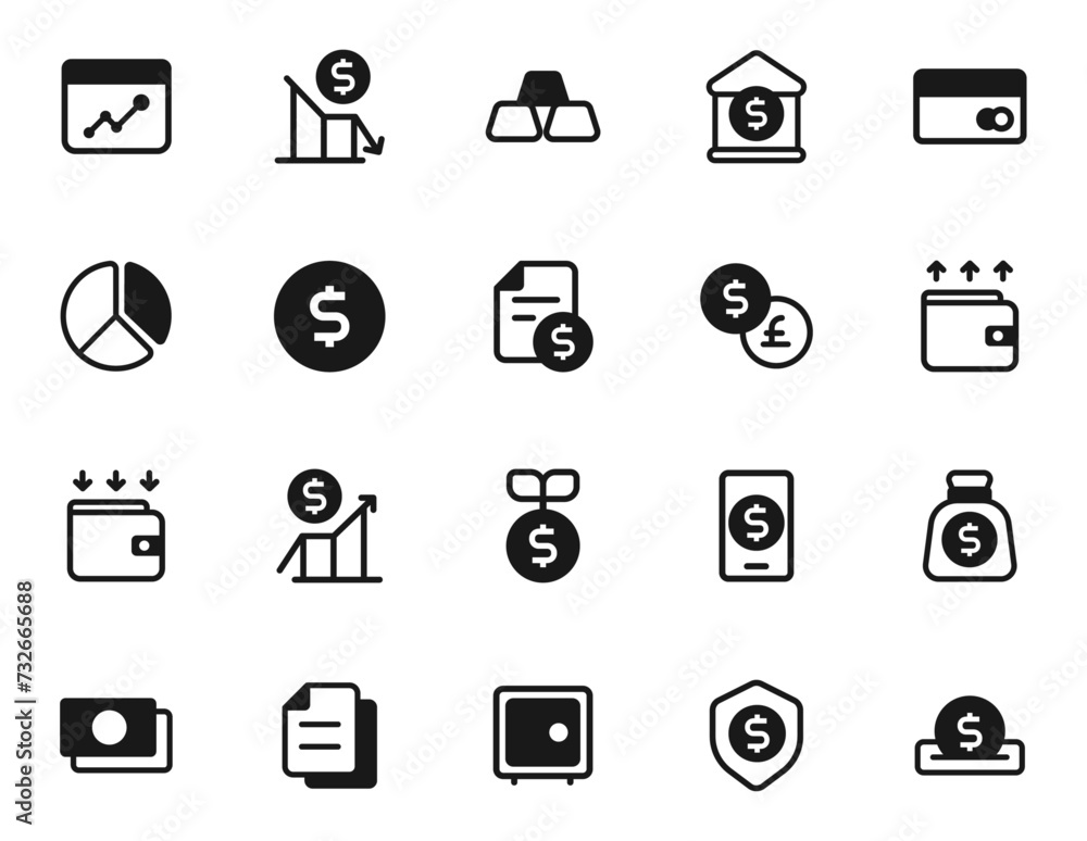 Finance icons. Set of finance, business, investment, and money icons. Simple glyph style finance icons. Isolated on white background. Finance icons. Set of finance, business, investment, and money icons. Simple glyph style finance icons. Isolated on white background.